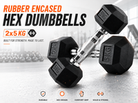 Thumbnail for 5KG Hex Dumbbells Rubber Encased Fitness Weights Pair