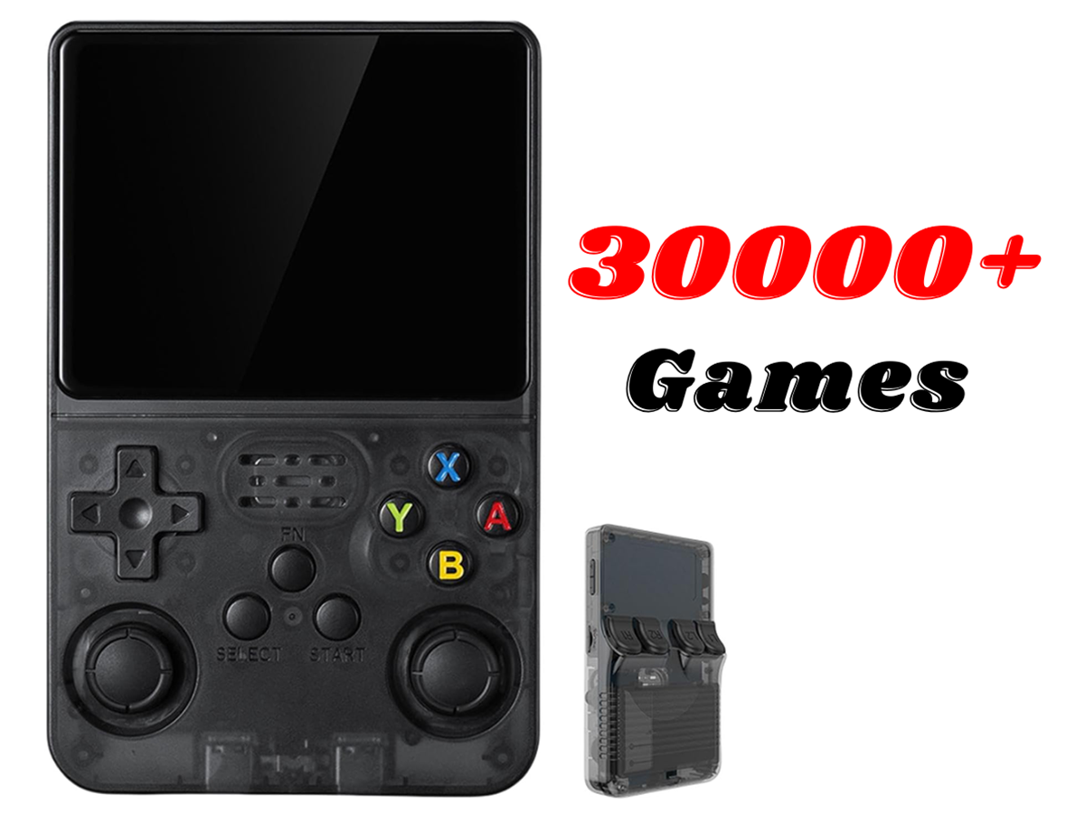 Black handheld gaming console with a screen and game cartridge on a white background, featuring text '30000+ Games'.