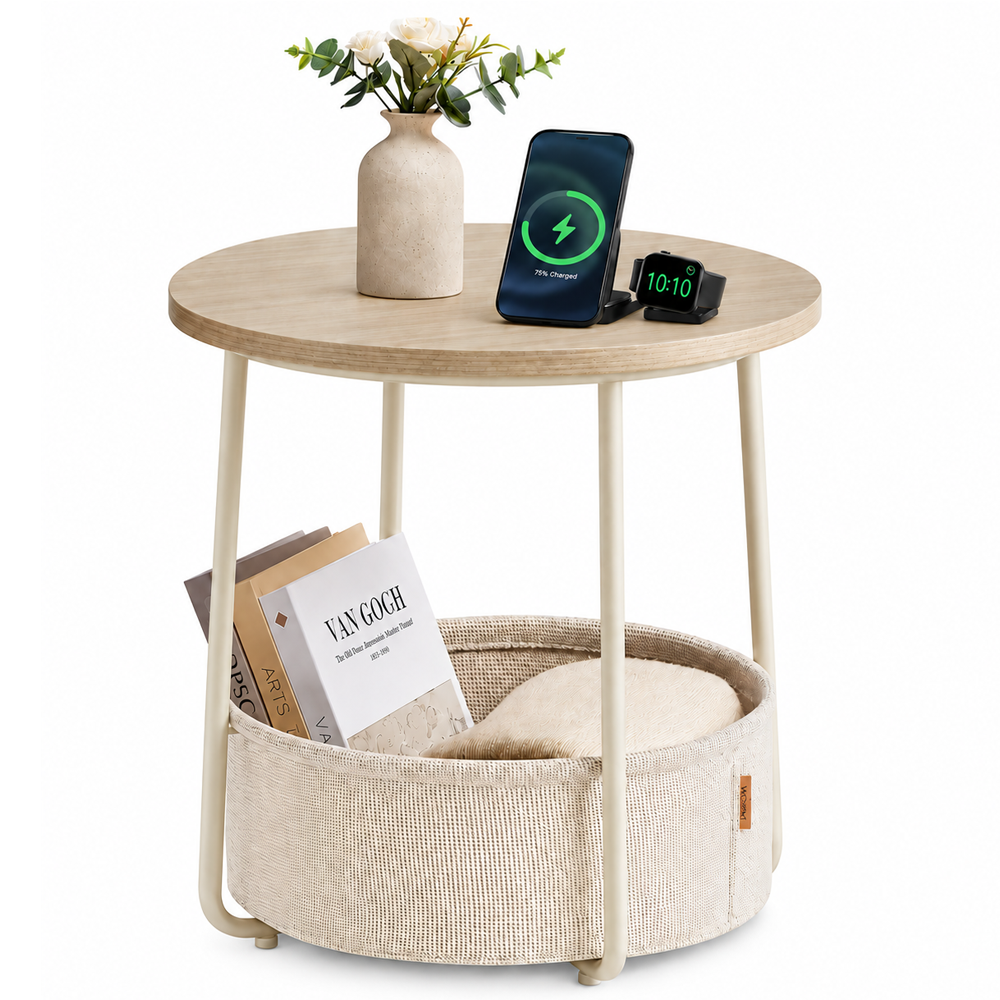 Round Side Table with Fabric Basket