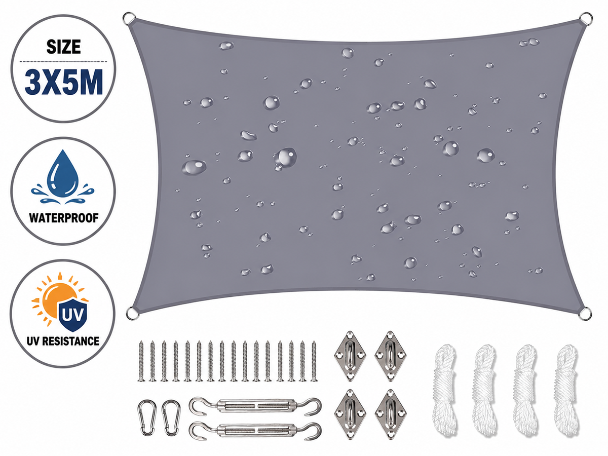 3X5M Rectangle Sun Shade Sail with Hardware