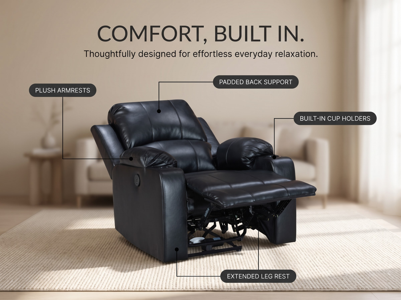 Recliner Chair Leather Gel Black with Cup Holders