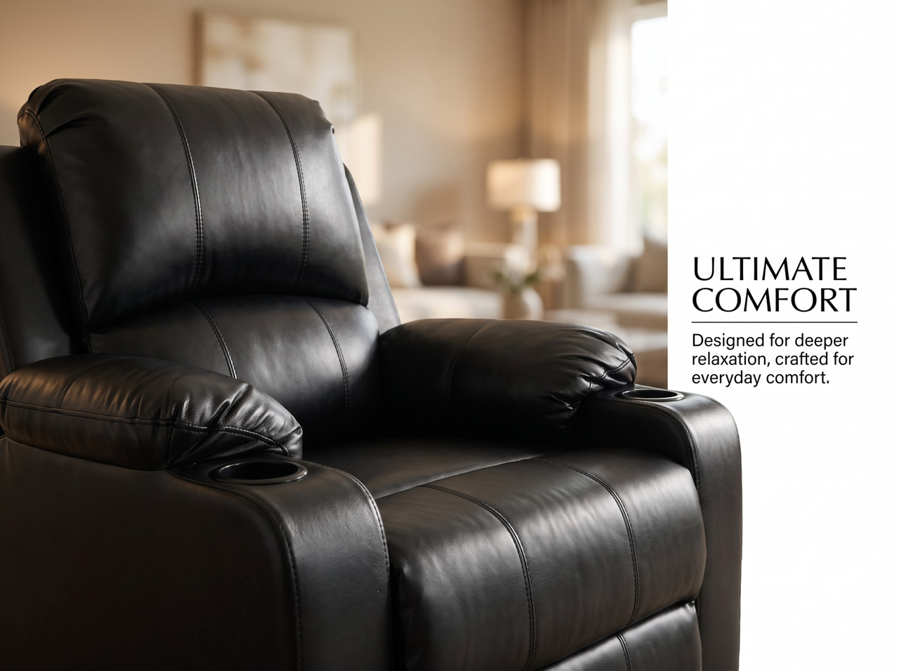 Recliner Chair Leather Gel Black with Cup Holders