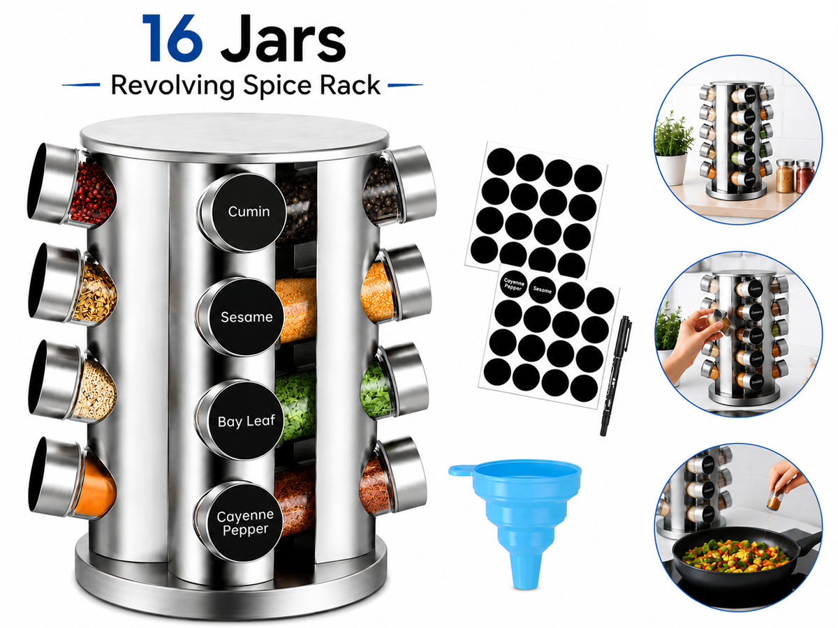Spice Rack Stand Carousel Rotating Glass 16 Jars