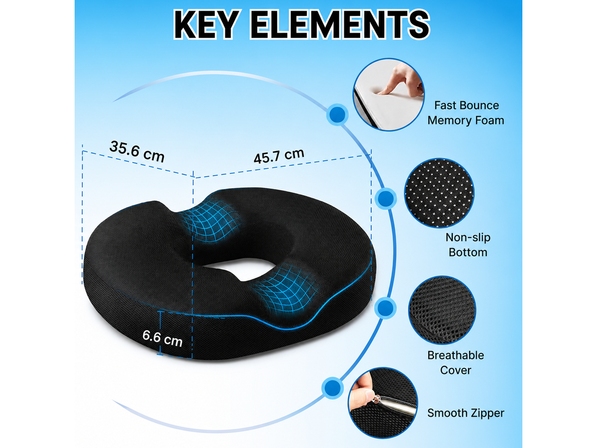 Donut Pillow Orthopedic Memory Foam Seat Cushion – Tailbone Support Black