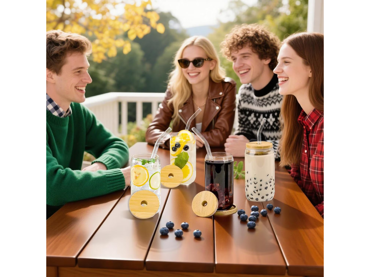 4 Pack Drinking Glass Cup with Bamboo Lid and Straw Set