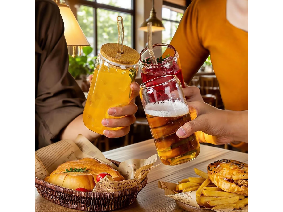 4 Pack Drinking Glass Cup with Bamboo Lid and Straw Set