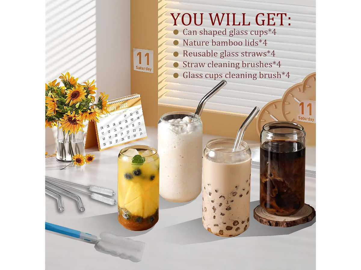 4 Pack Drinking Glass Cup with Bamboo Lid and Straw Set