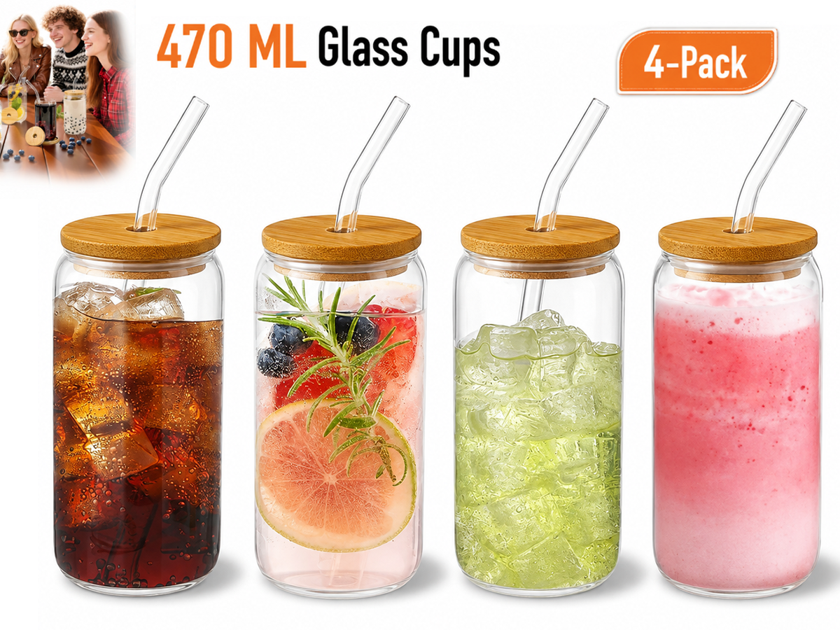 4 Pack Drinking Glass Cup with Bamboo Lid and Straw Set