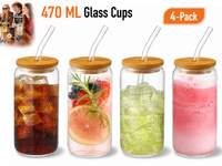 Thumbnail for 4 Pack Drinking Glass Cup with Bamboo Lid and Straw Set