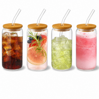 Thumbnail for 4 Pack Drinking Glass Cup with Bamboo Lid and Straw Set