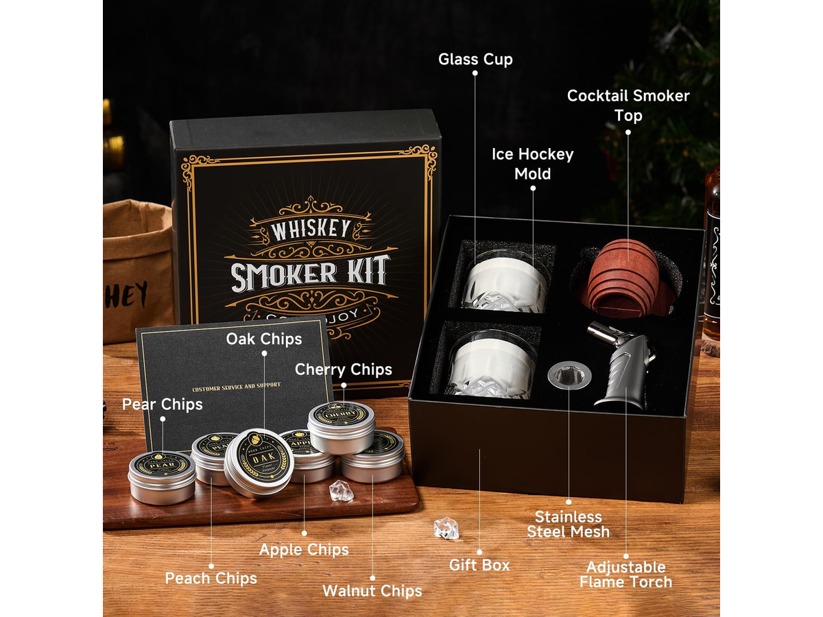 Whiskey Smoker Kit with Torch 6 Wood Chips 2 Glasses