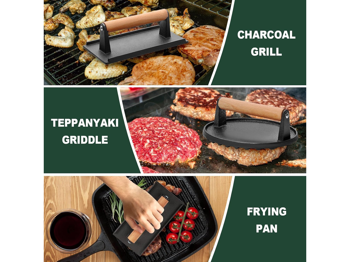 Cast Iron Grill Press 2 Pack Round and Rectangular Smash Burger Press