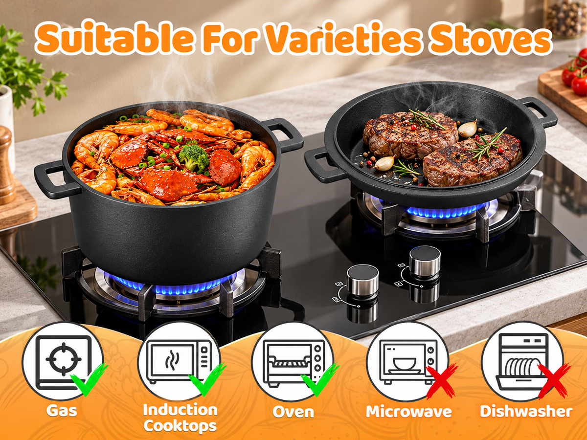 Cast Iron Dutch Oven 2 in 1 Cast Iron Dutch Oven Skillet Lid Set