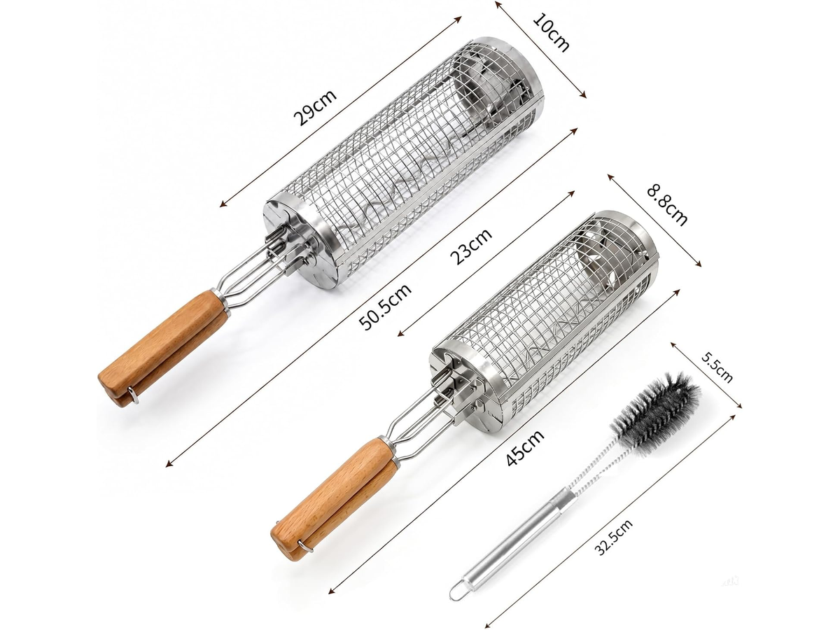 Rolling Grill Basket – Stainless Steel BBQ Net Tube for Meat, Vegetables & Seafood Outdoor Cooking