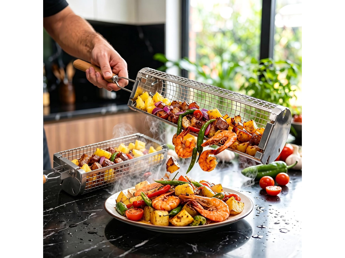 Rolling Grill Basket – Stainless Steel BBQ Net Tube for Meat, Vegetables & Seafood Outdoor Cooking