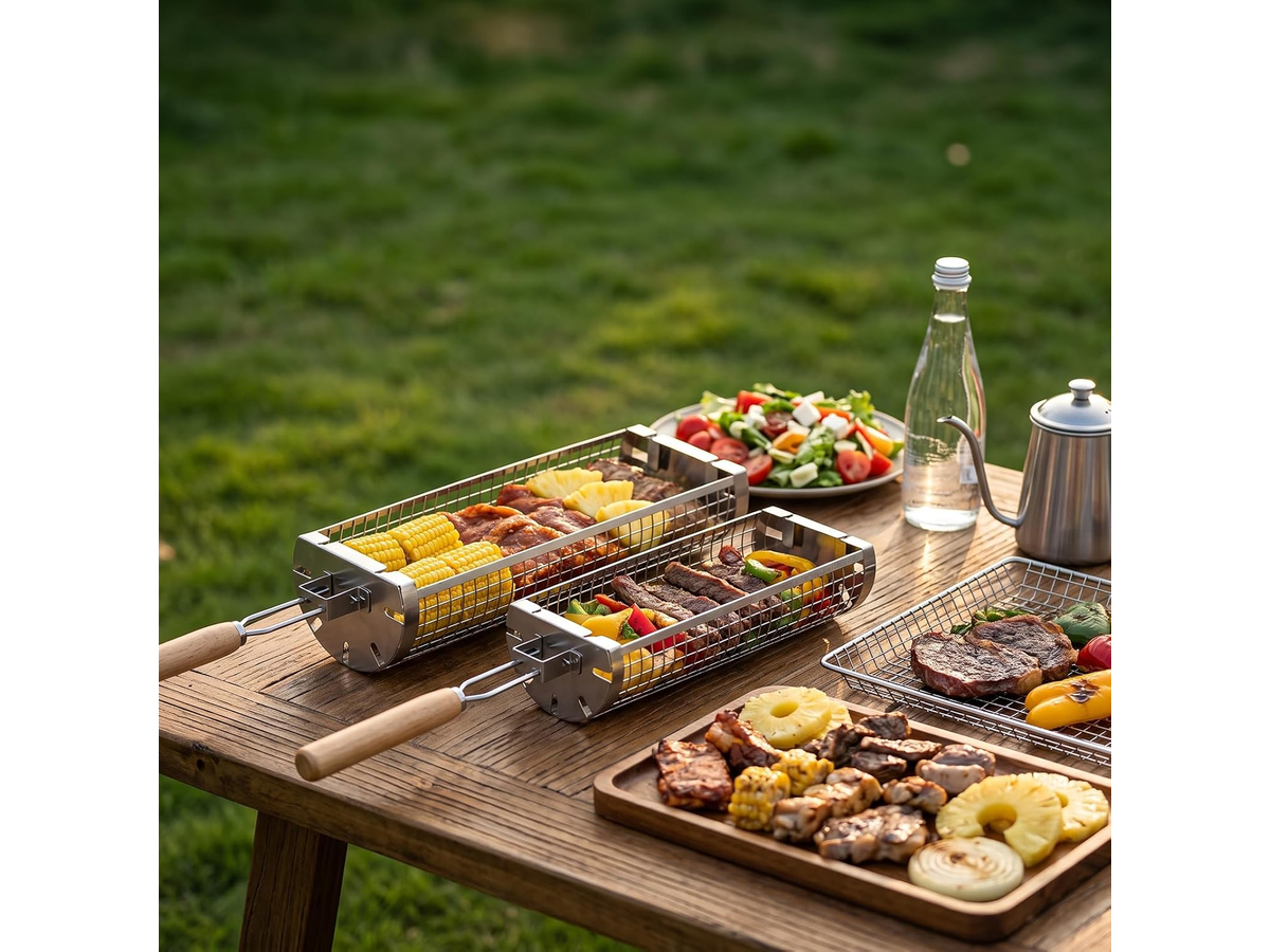 Rolling Grill Basket – Stainless Steel BBQ Net Tube for Meat, Vegetables & Seafood Outdoor Cooking
