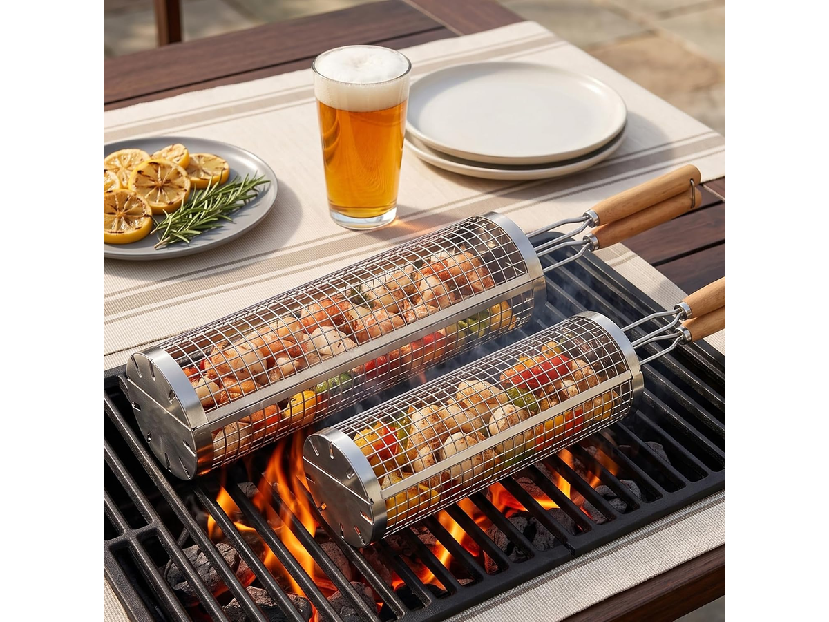 Rolling Grill Basket – Stainless Steel BBQ Net Tube for Meat, Vegetables & Seafood Outdoor Cooking