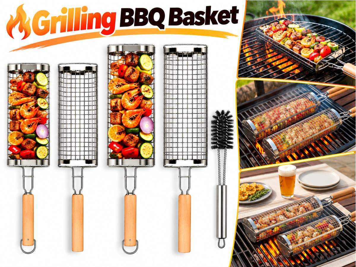 Rolling Grill Basket – Stainless Steel BBQ Net Tube for Meat, Vegetables & Seafood Outdoor Cooking