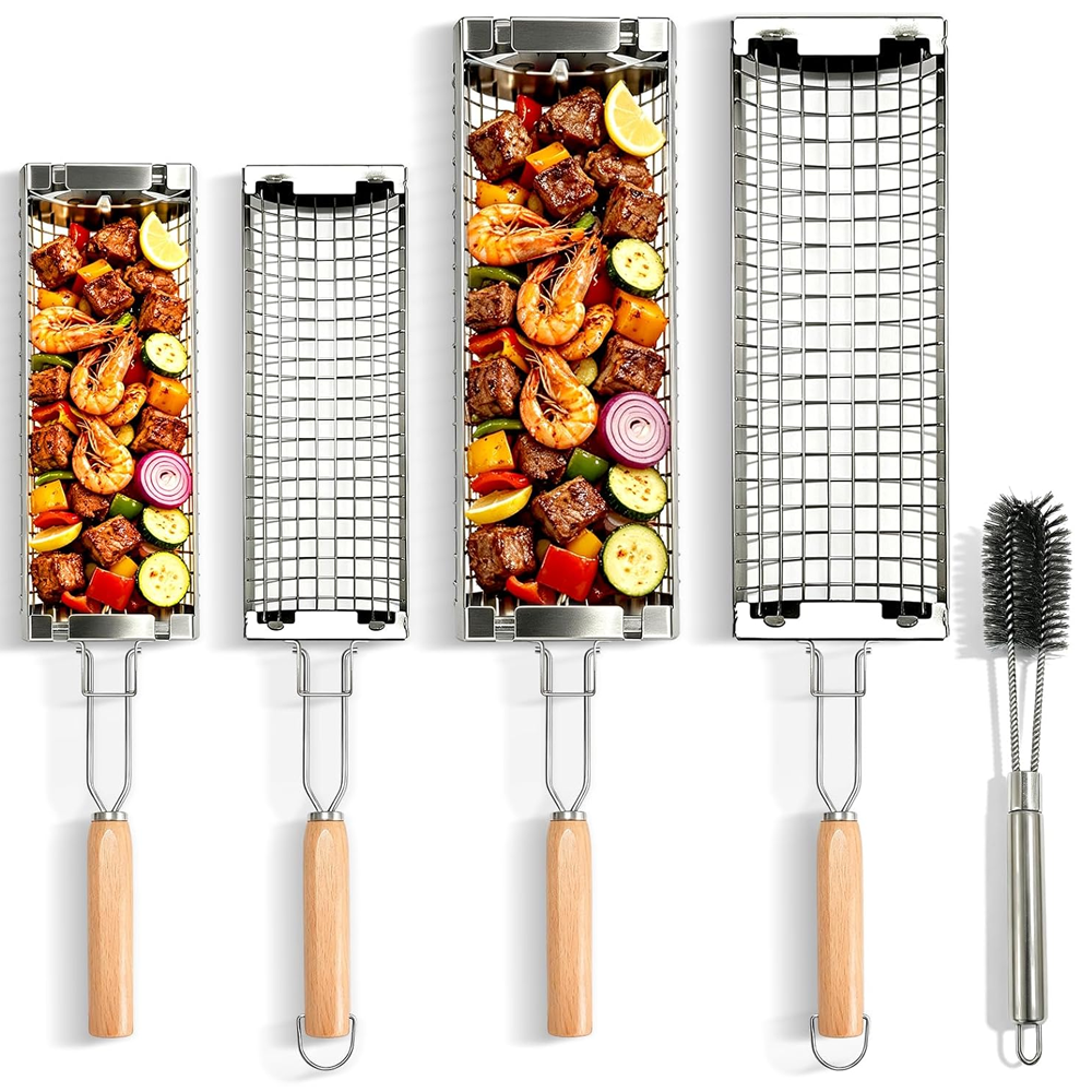 Rolling Grill Basket – Stainless Steel BBQ Net Tube for Meat, Vegetables & Seafood Outdoor Cooking