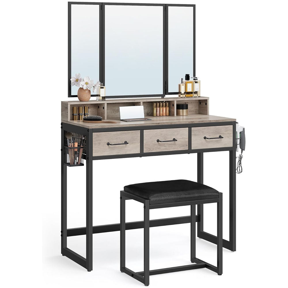 VASAGLE makeup vanity with tri-fold mirror and stool