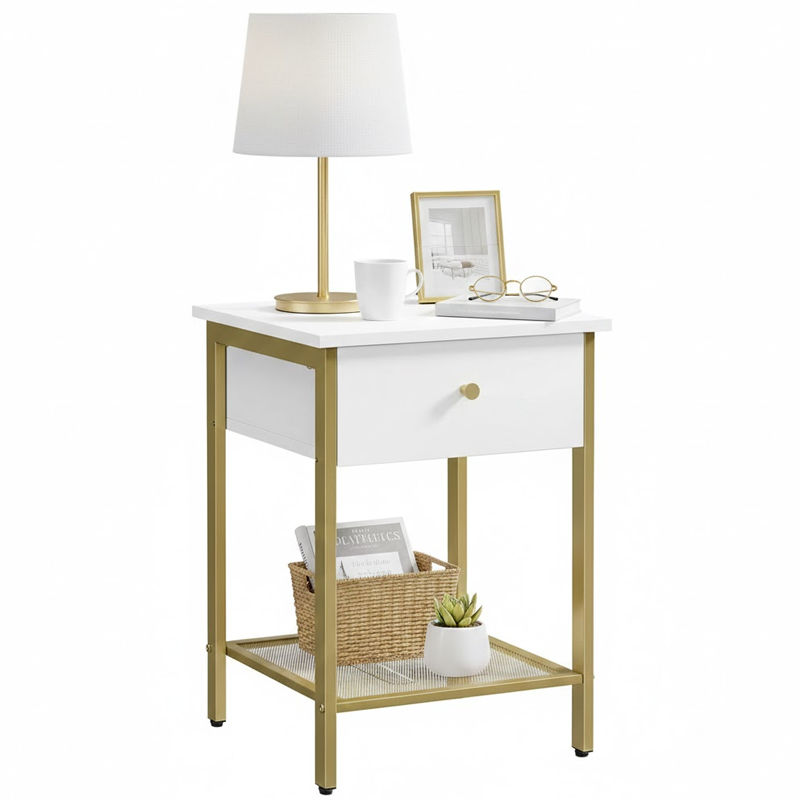 VASAGLE bedside table white with gold handles