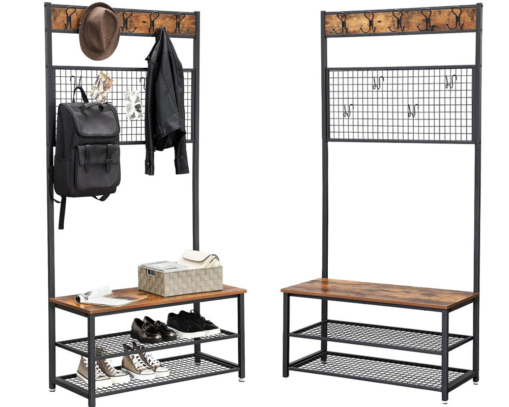Coat rack bench used for sitting and shoe removal