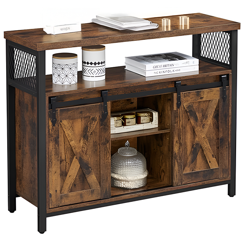 Mesh panel detail on kitchen storage cabinet