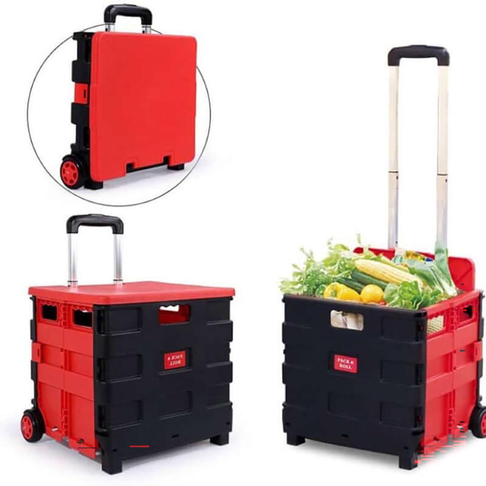 Foldable shopping trolley cart red colour front view
