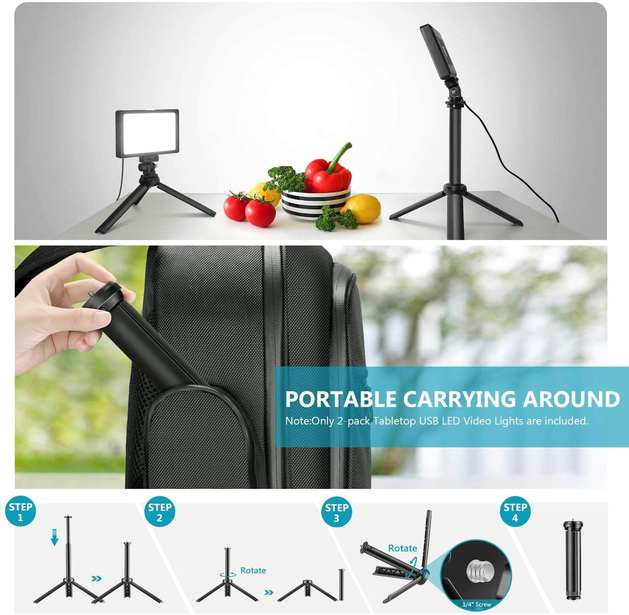 2-Pack Dimmable 5600K USB LED Video Light with Adjustable Tripod Stand - The Shopsite