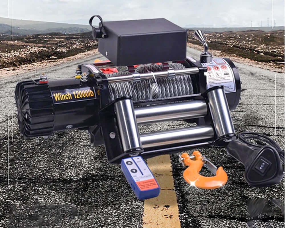 Winch showing wired and wireless remote controls