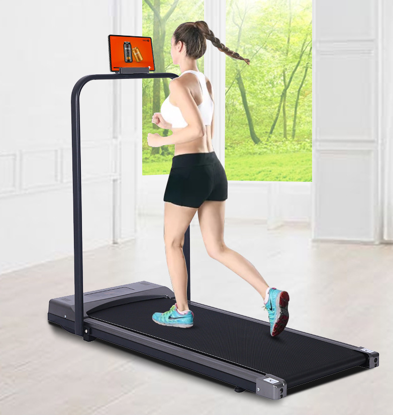 Treadmill folded flat for storage under furniture
