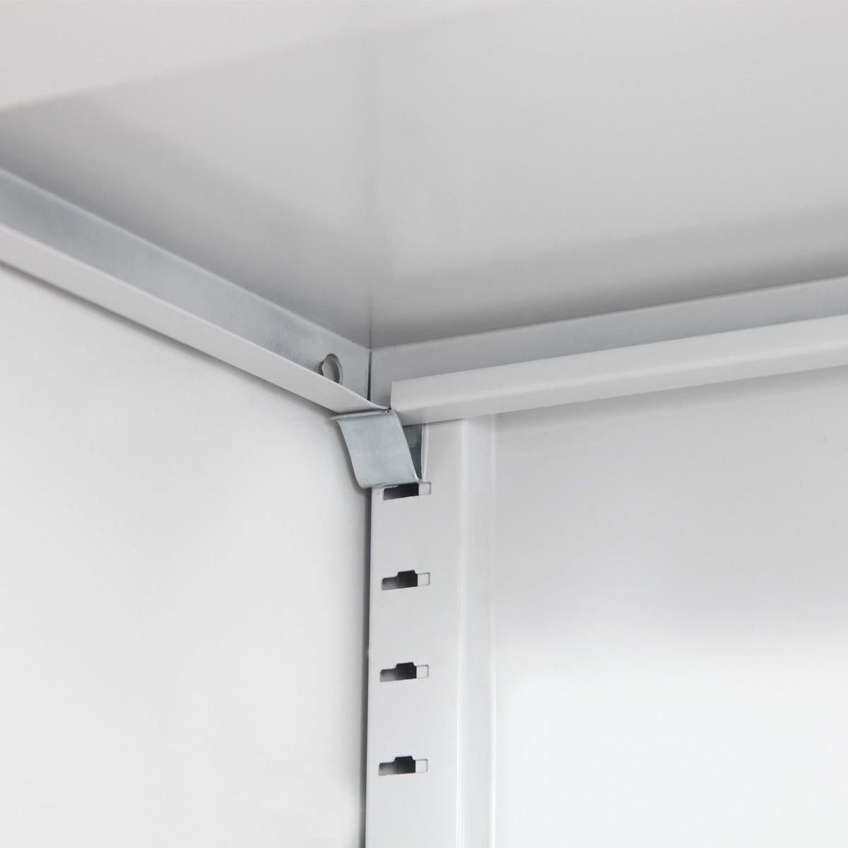 Side angle of steel office cabinet showing sturdy build