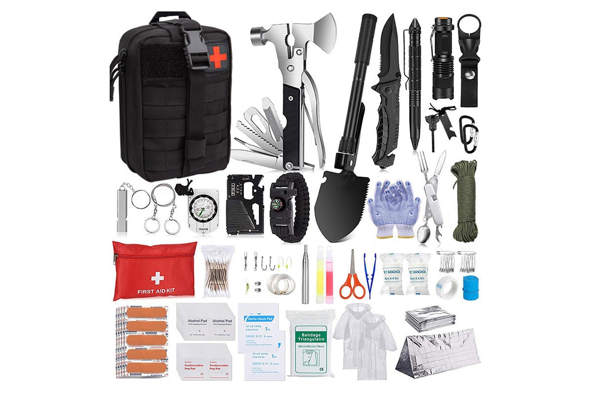Emergency kit with 4-in-1 military shovel