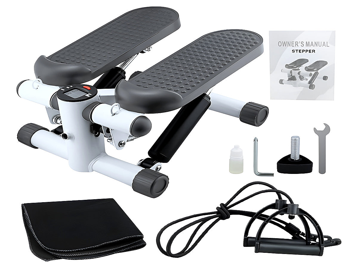 Mini stepper with resistance bands attached