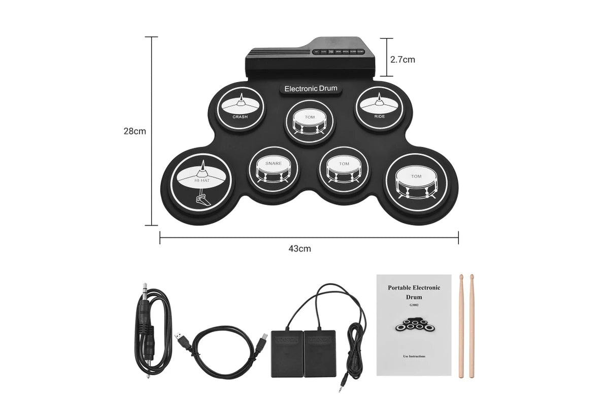 Electronic roll up drum kit with included drum sticks and pedals