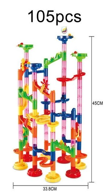 Marble run toy showing plastic connectors