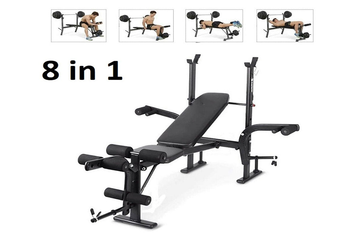 Weight bench with adjustable squat and chest press rack