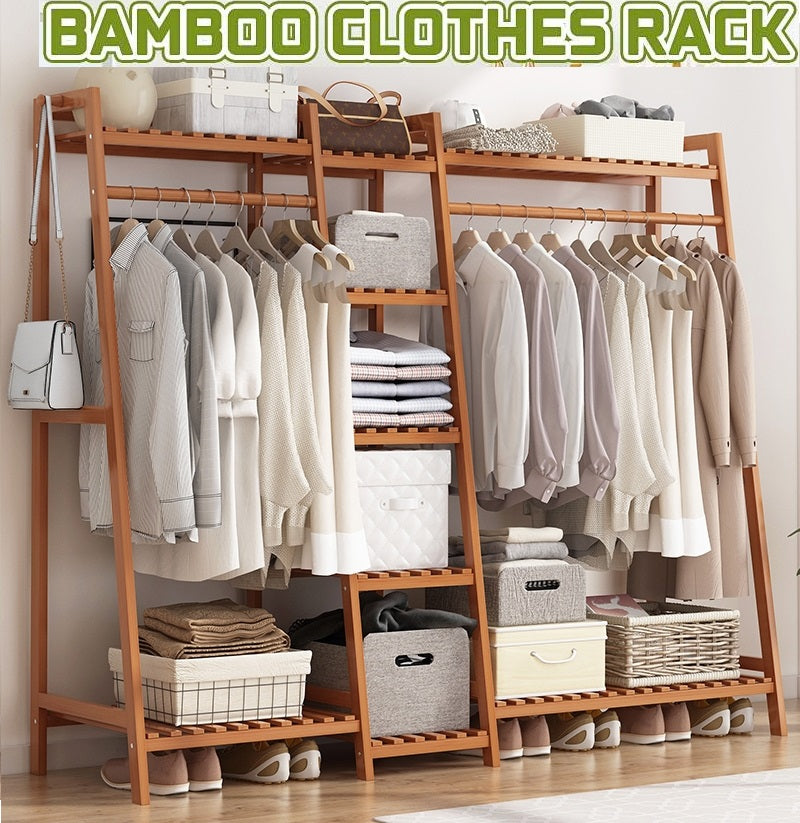 Bamboo Wardrobe Bamboo Garment Clothes Rack with Shelves